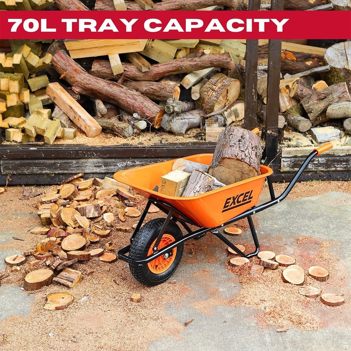 70L Orange Wheelbarrow – Galvanised Steel Frame Pneumatic Tyre 200kg Load