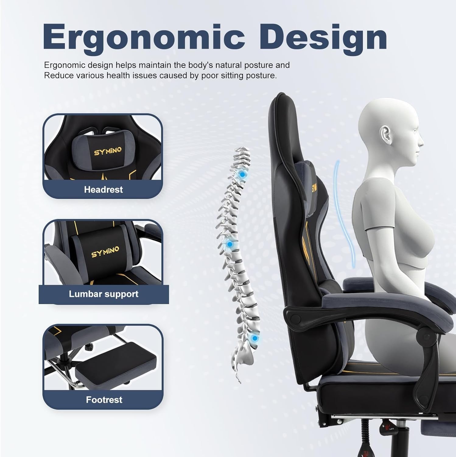 Ergonomic Gaming Chair Recliner w/ Footrest Lumbar PU Leather Black&grey