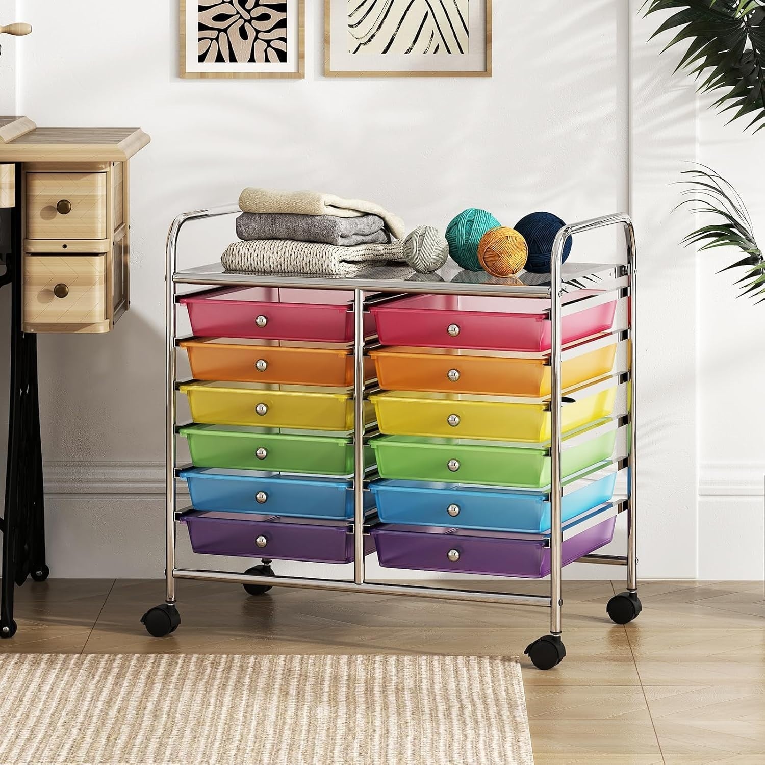 12 Drawer Rolling Storage Cart Rainbow Utility Trolley Organizer Wheels
