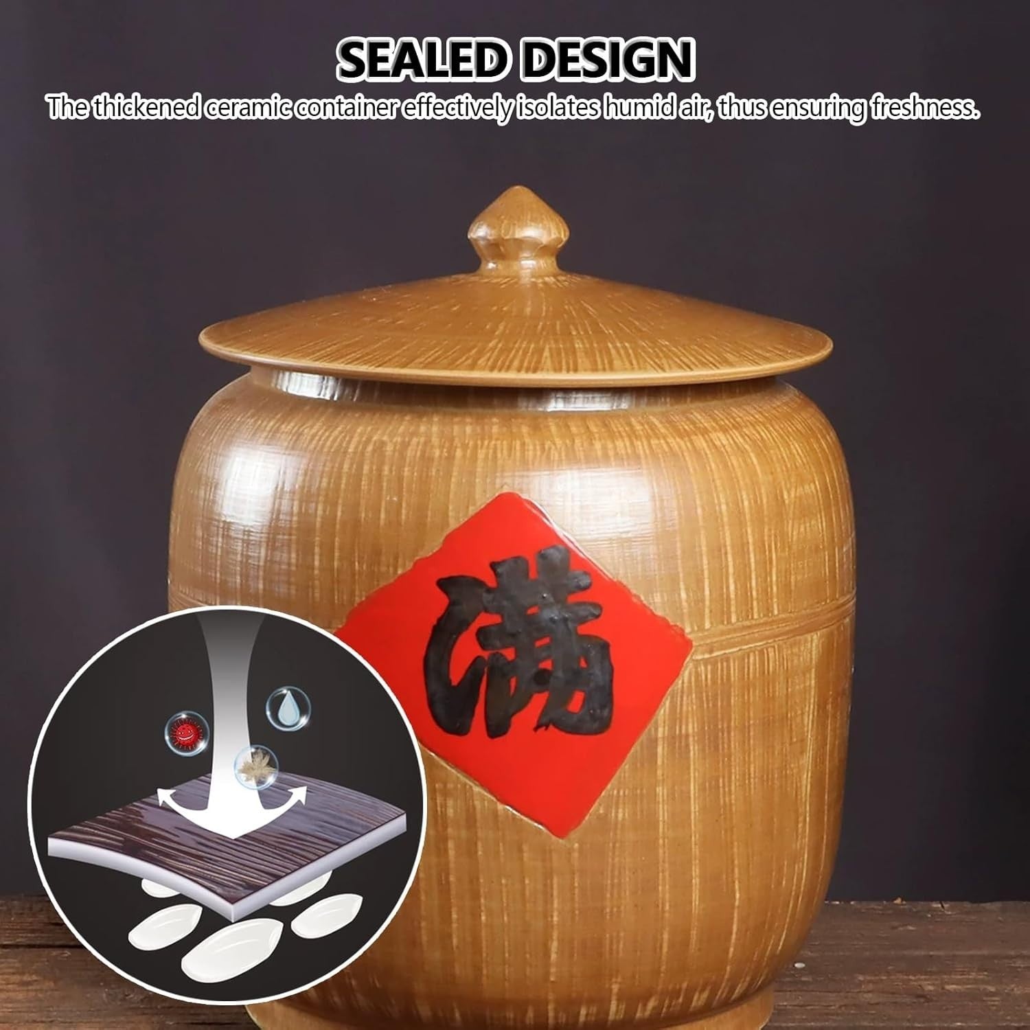 Ceramic Rice Storage Jar Airtight Grain Container 25x33x19cm