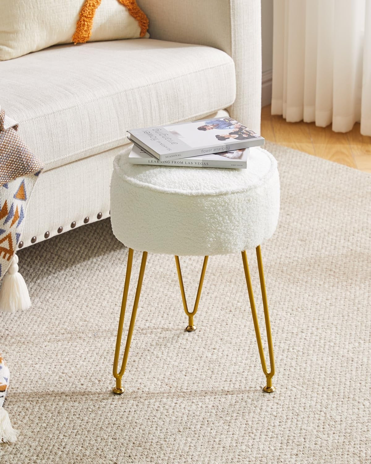 Creamy-White Velvet Round Footrest Ottoman – Vanity Stool with Steel Legs