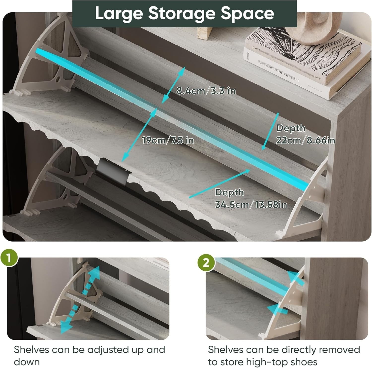 Narrow Grey Wood Shoe Cabinet 2 Flip Drawers Hidden Storage 24x80x99cm
