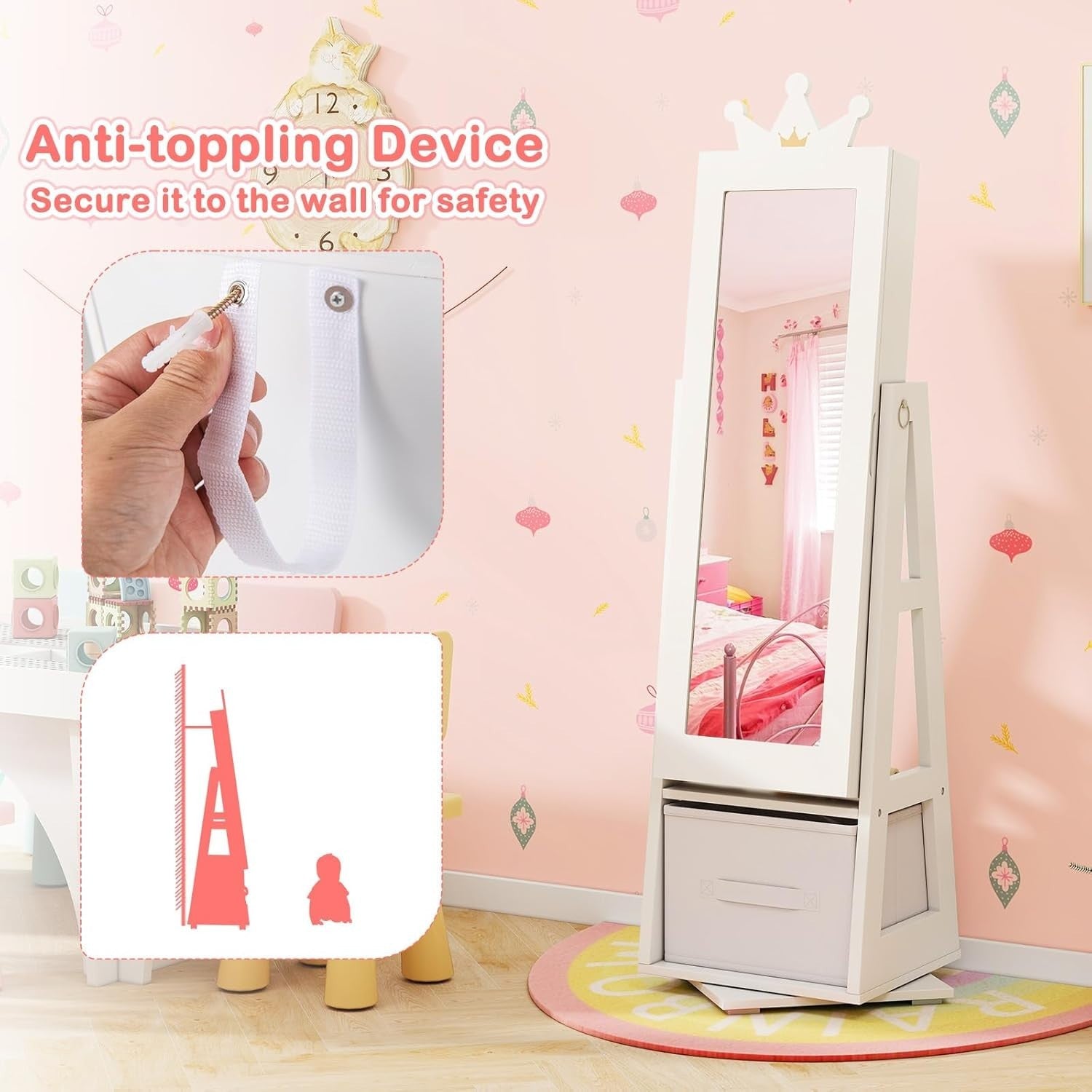 Kids Jewelry Cabinet 360° Swivel Mirror Organizer Girls Dress Up Vanity