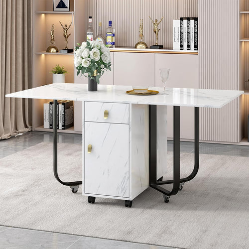 Folding Kitchen Island Unit  - Marble Dining Table with 2 Storage Drawers