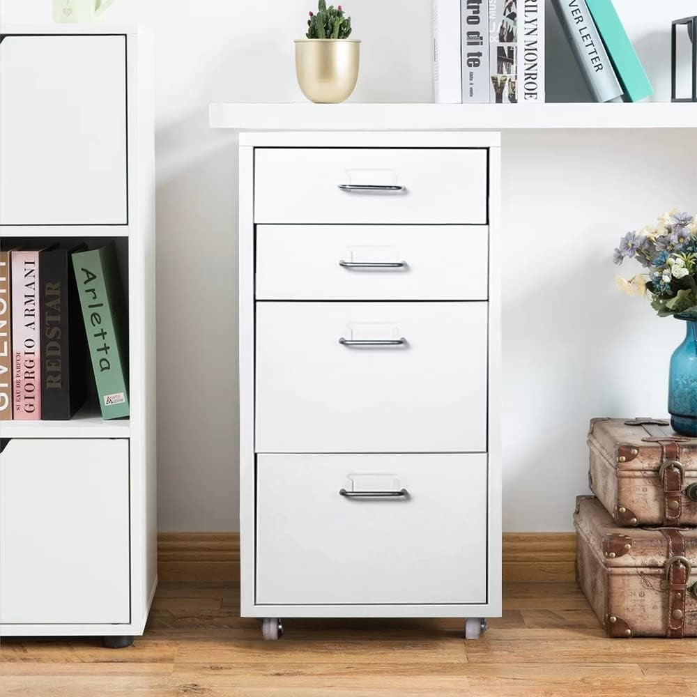 Slim Metal Rolling File Cabinet 4 Drawer Mobile Office Storage Unit