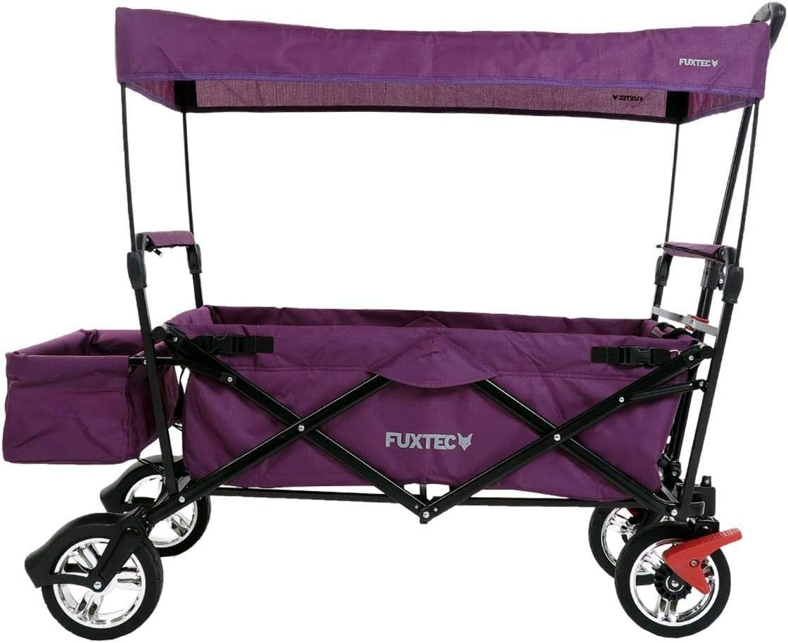 Purple Kids Folding Wagon Push Pull Stroller Cart w/ Canopy & Storage Bag