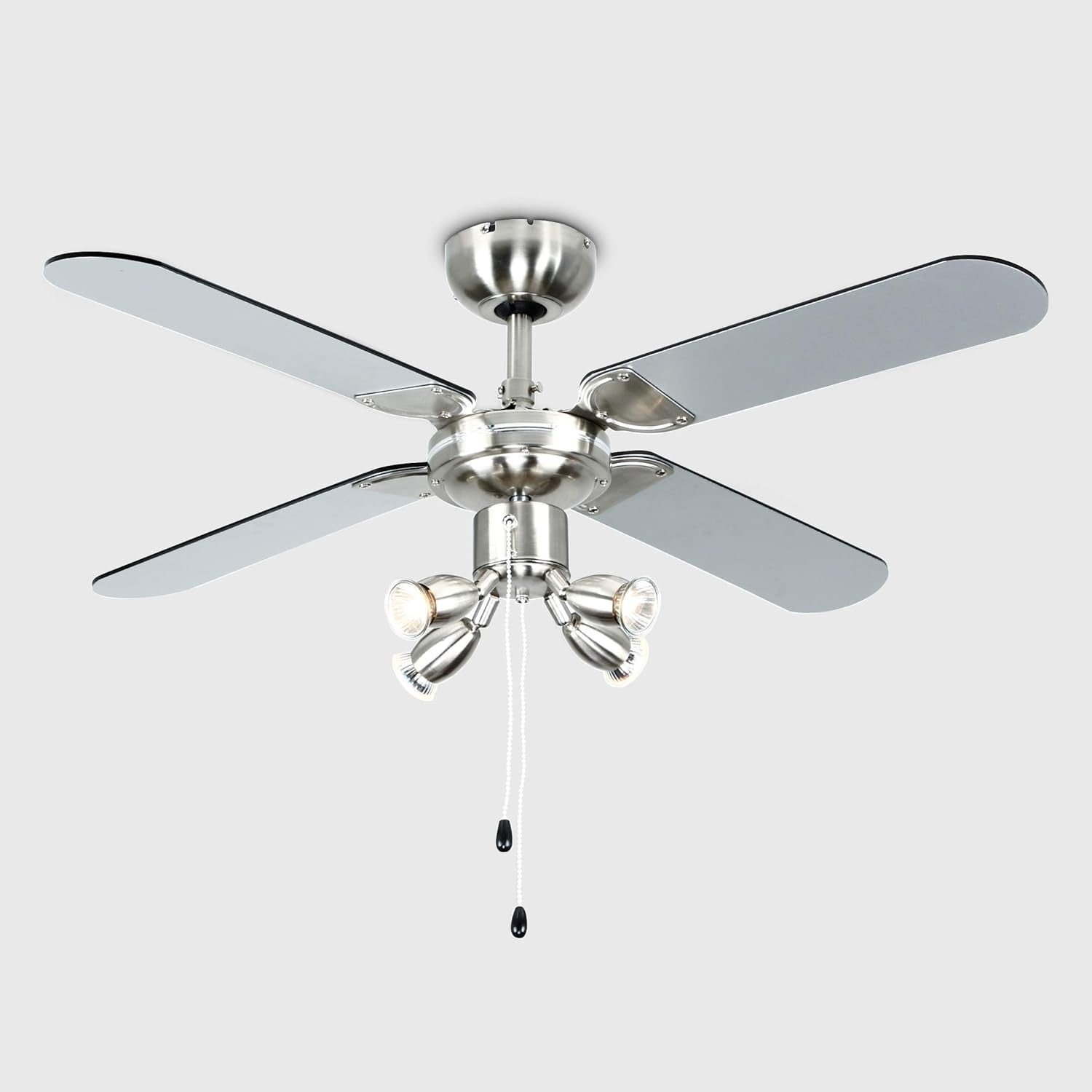 MiniSun 42" Chrome Ceiling Fan with Spotlights, Reversible Black/Silver Blades