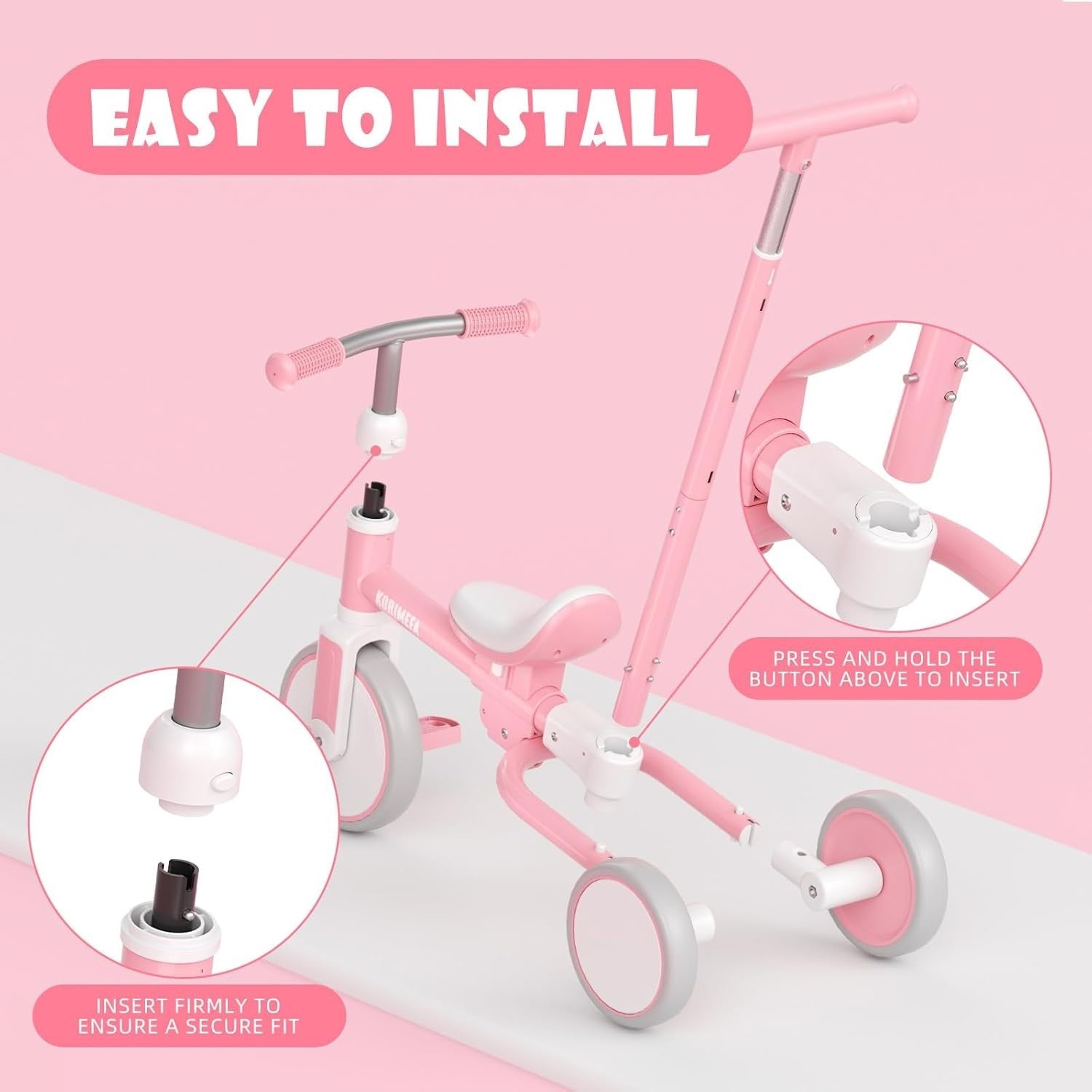 5 In 1 Toddler Tricycle Push Handle Balance Bike Adjustable Seat Pink