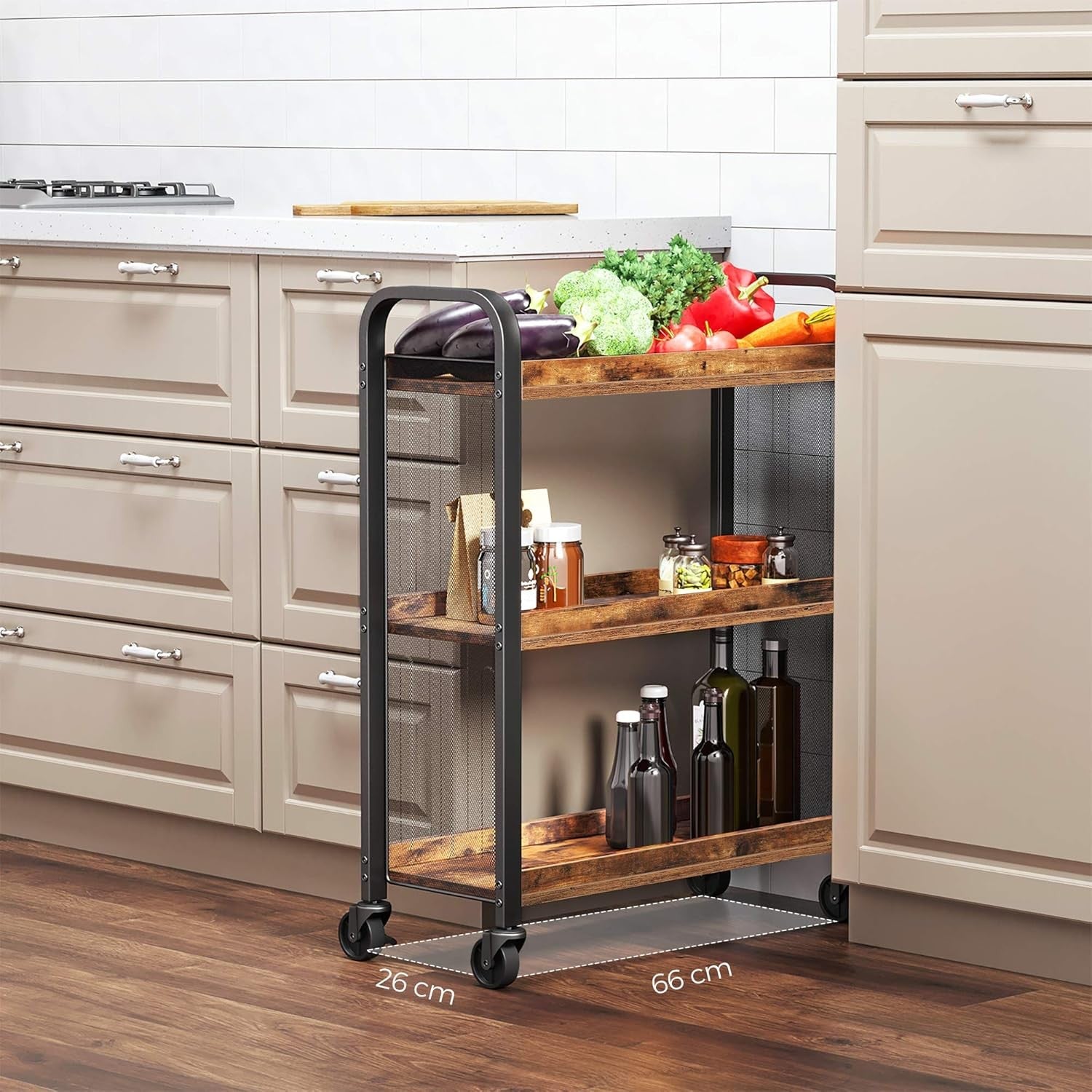 3 Tier Kitchen Trolley on Wheels Slim Rolling Storage Cart Metal Shelves