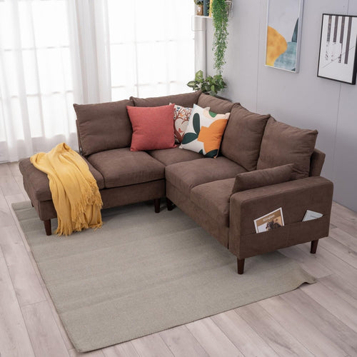 5 Seater L-Shape Corner Sofa w/ Chaise & USB Port – Brown Linen Modern