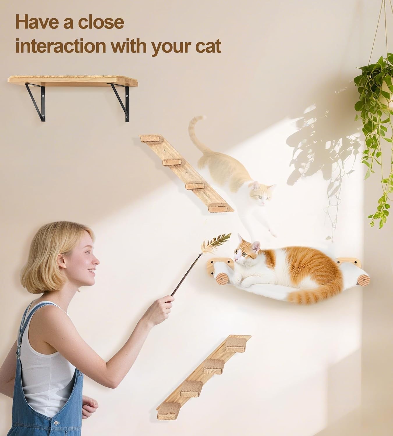 Wall Mounted Cat Hammock & Shelves Set Wooden Cat Climbing Furniture