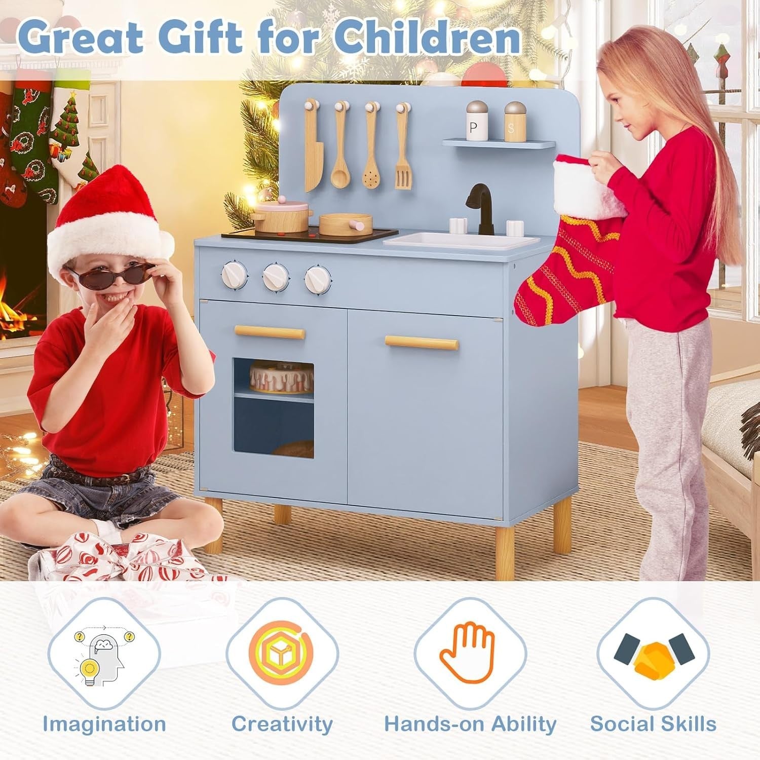 Wooden Kids Play Kitchen Blue Lights Sounds Oven Chef Toy Set