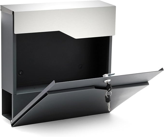 Lockable Wall Mounted Mailbox Dark Grey Steel Newspaper Slot Secure Postbox