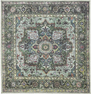 Large Oriental Area Rug 240x240cm Green Multi Square Low Pile Machine Washable