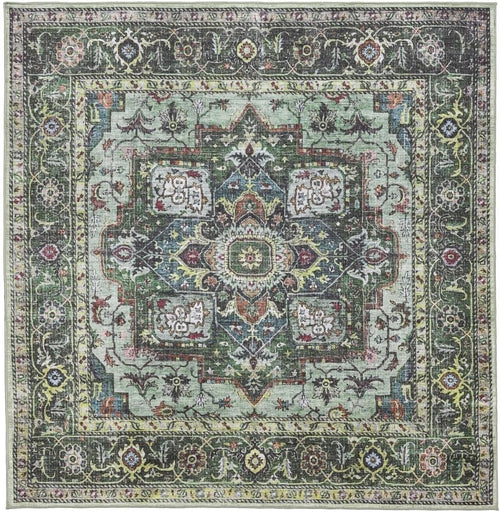 Large Oriental Area Rug 240x240cm Green Multi Square Low Pile Machine Washable