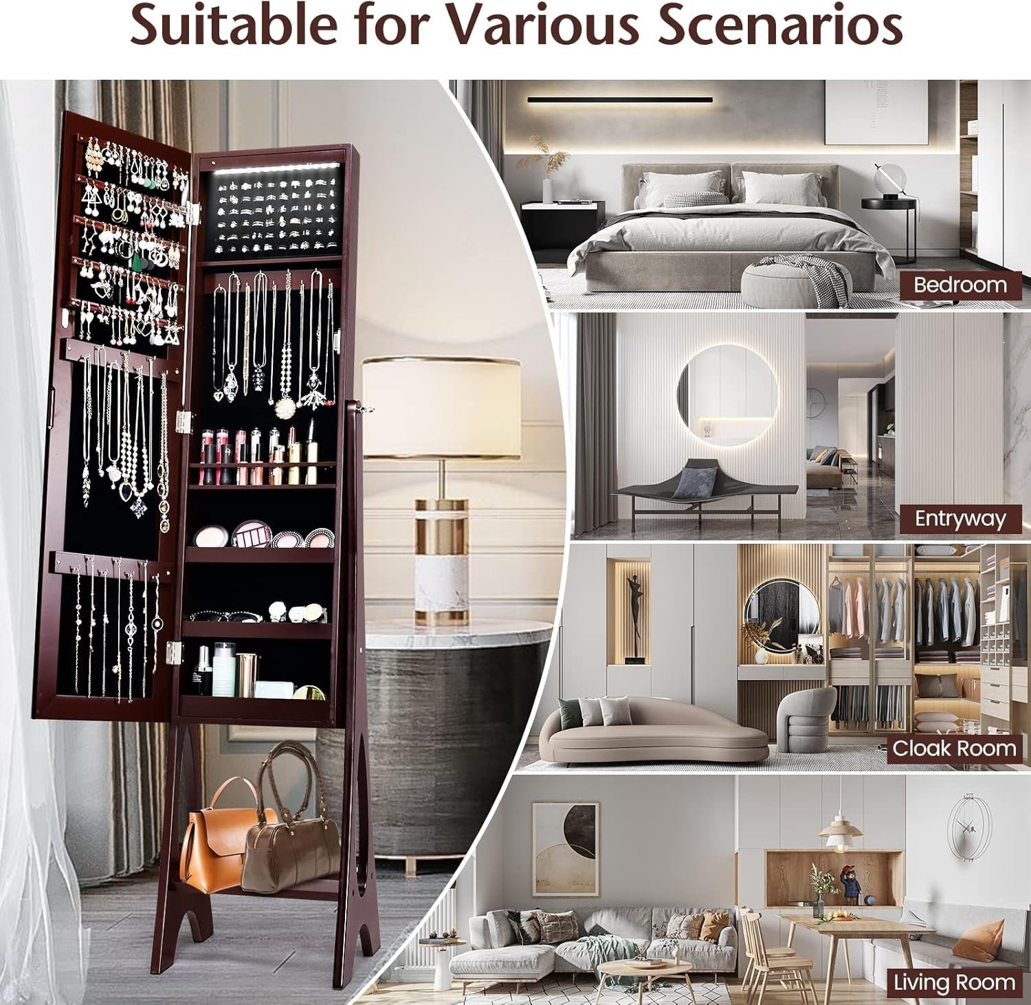 Standing Jewelry Armoire Lockable Full Length Mirror Adjustable Storage Brown