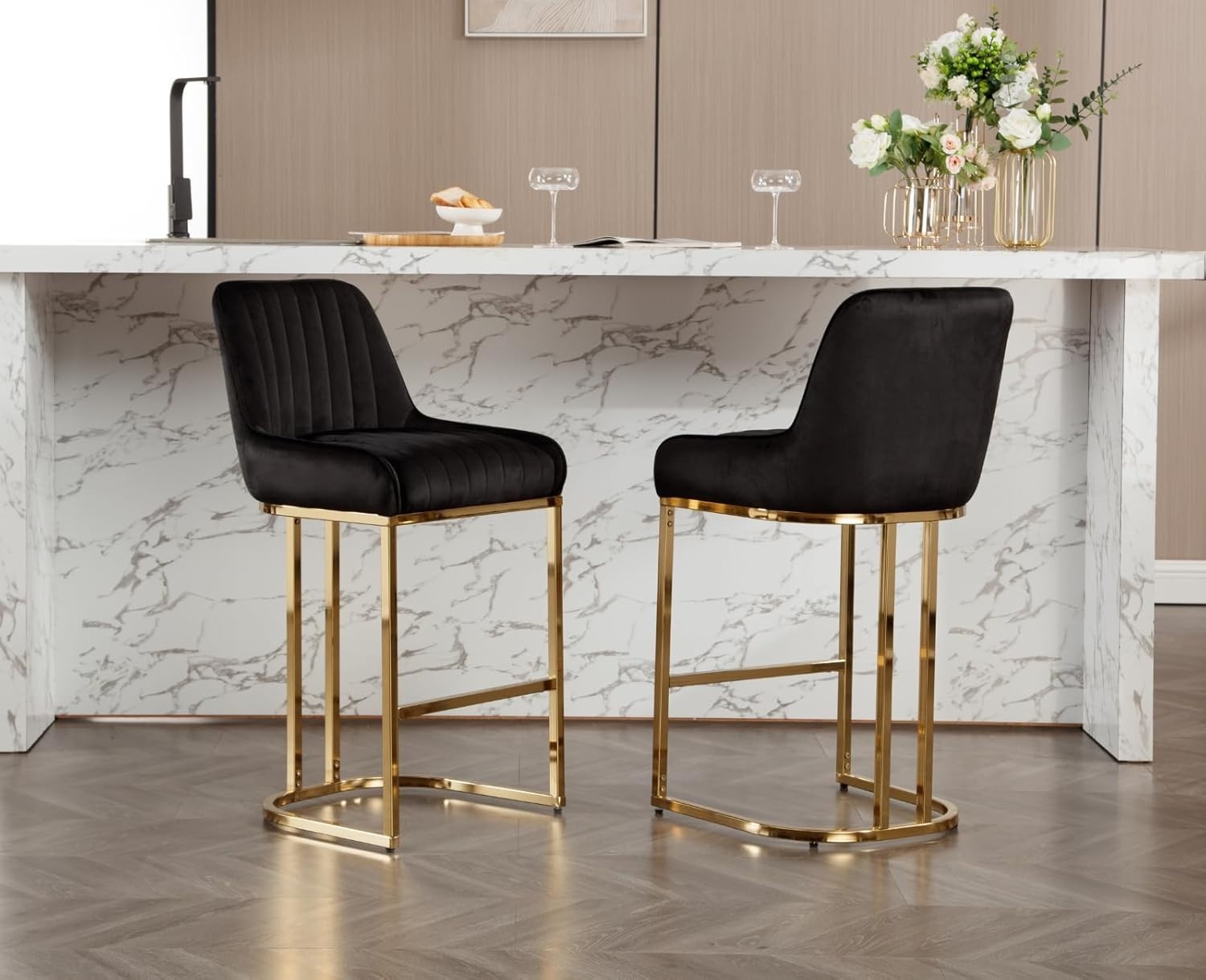 Bar Stools Set of 2 | Black Fabric L-Shaped Counter Dining Chairs