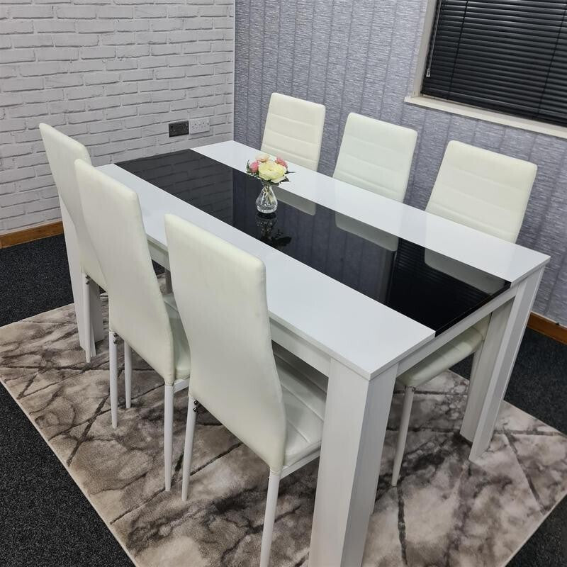 White Black Dining Table Set with 6 Leather Chairs Modern MDF 140cm