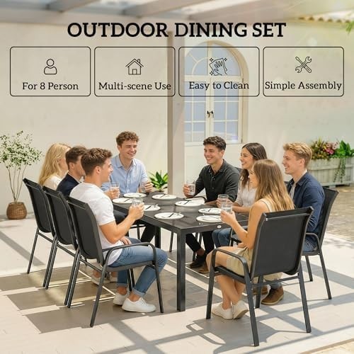 8 Seater Garden Dining Set Outdoor Patio Table with Stackable Chairs