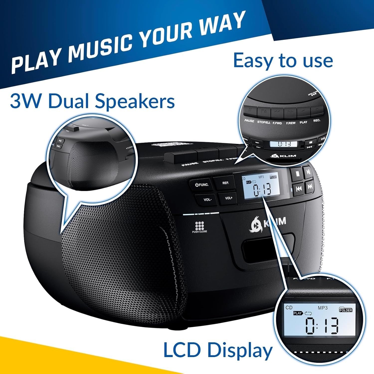 CD Cassette Player Boombox Bluetooth AM FM Radio USB AUX Remote Stereo