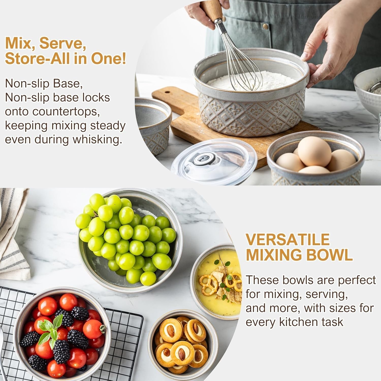 4-Piece Gray Ceramic Nesting Bowls 12-40oz Microwave & Oven Safe