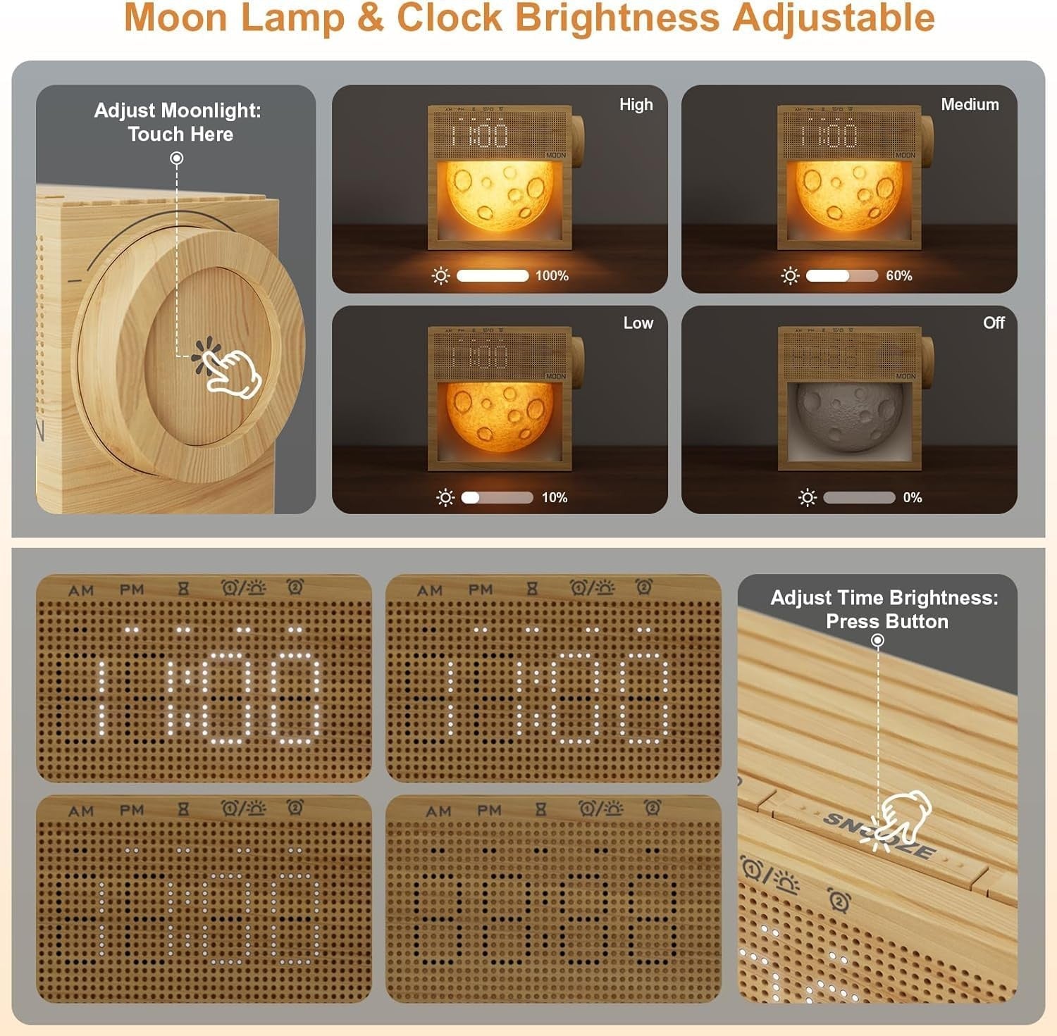 Sunrise Alarm Clock Wooden Wake Light Noise Machine Snooze Bedroom Lamp