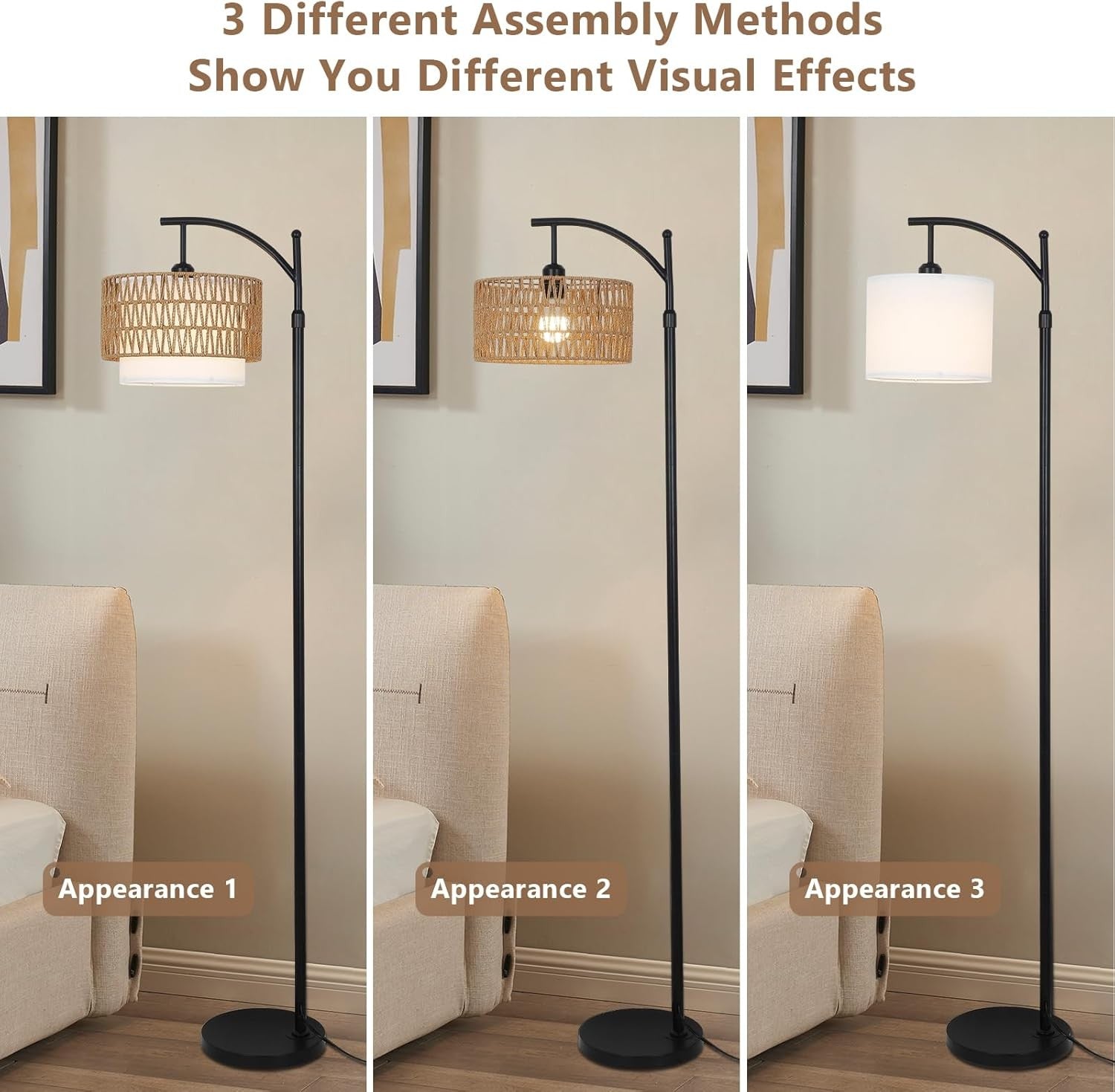 Arc Floor Lamp Remote Control Dimmable Boho Rattan Linen Shade Reading Light