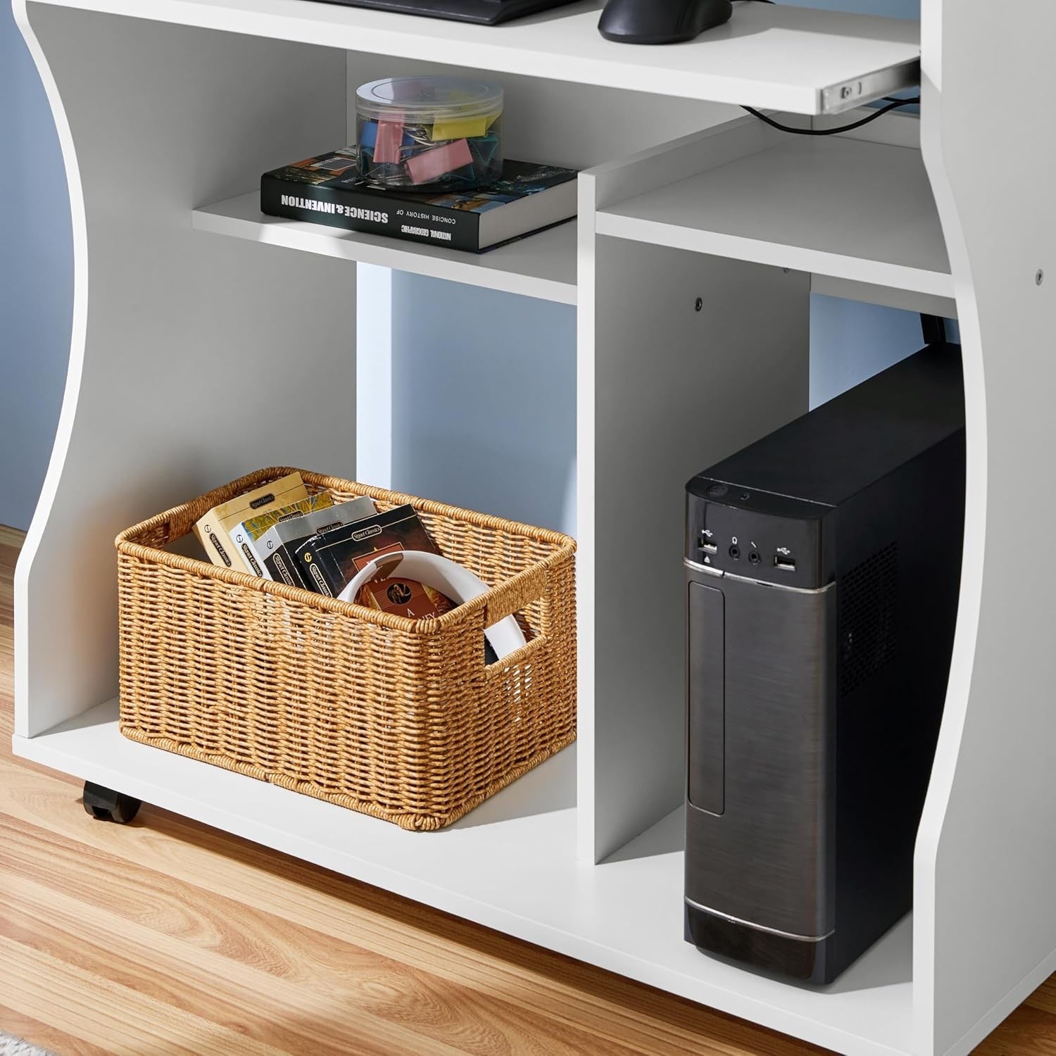 Small Computer Desk on Wheels with Keyboard Tray Storage Shelves Compact Office