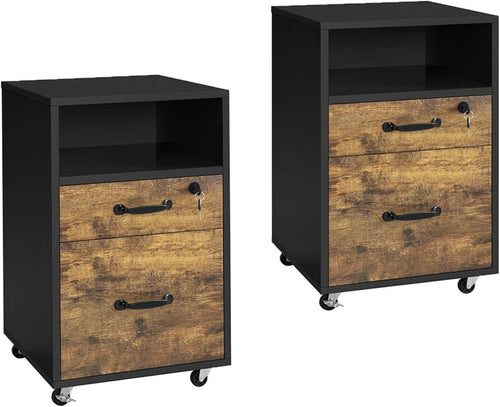 2pc Rustic Brown Rolling File Cabinets A4 Letter Drawers Printer Stand