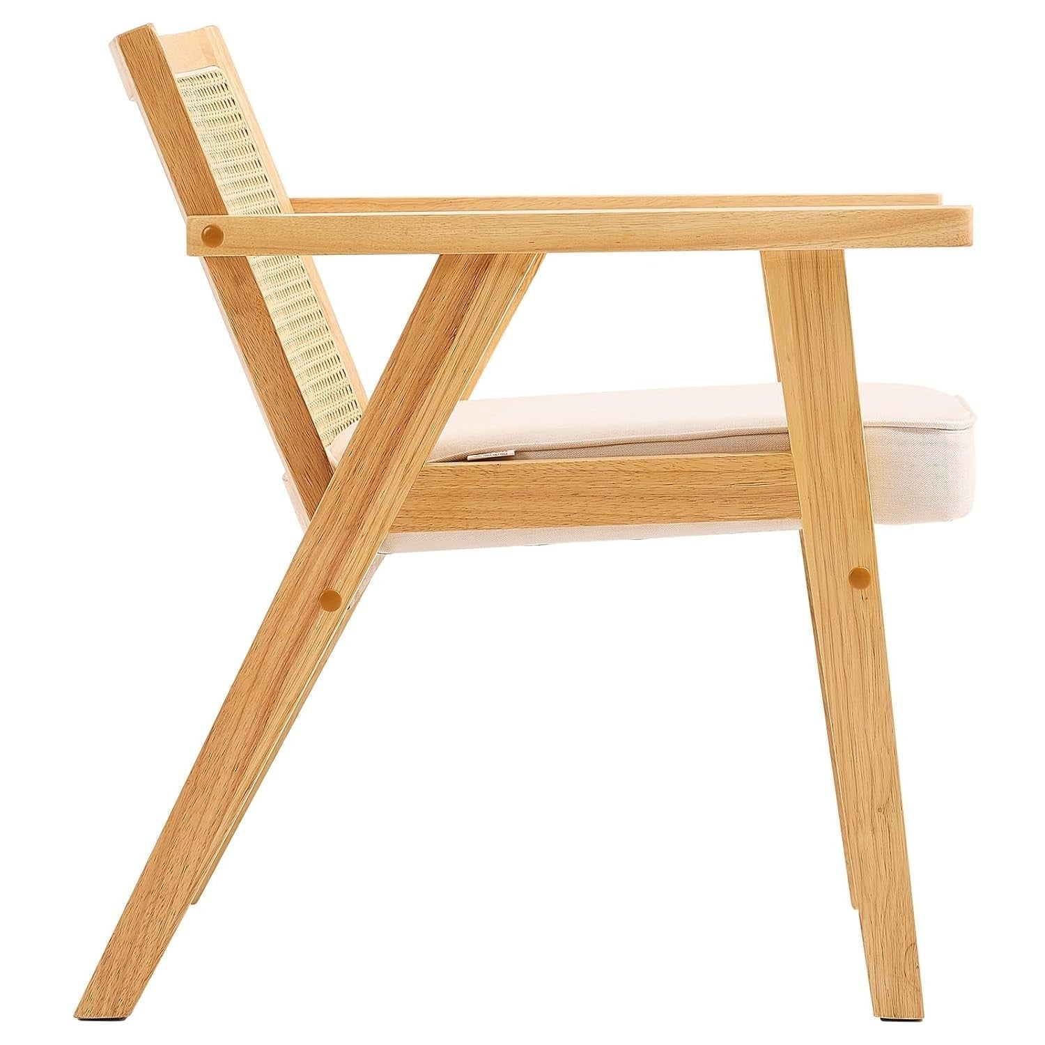 Rattan Armchair with Cushion Wooden Frame Modern Dining Lounge Chair Beige
