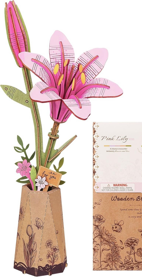 3D Wooden Pink Lily Puzzle Kit for Adults – DIY Flower Decor Gift Set
