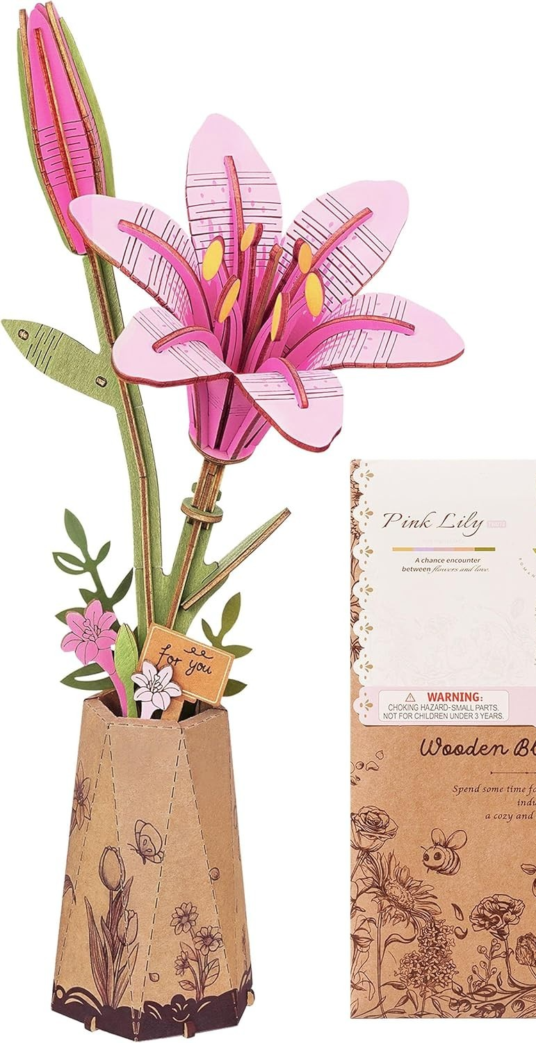 3D Wooden Pink Lily Puzzle Kit for Adults – DIY Flower Decor Gift Set