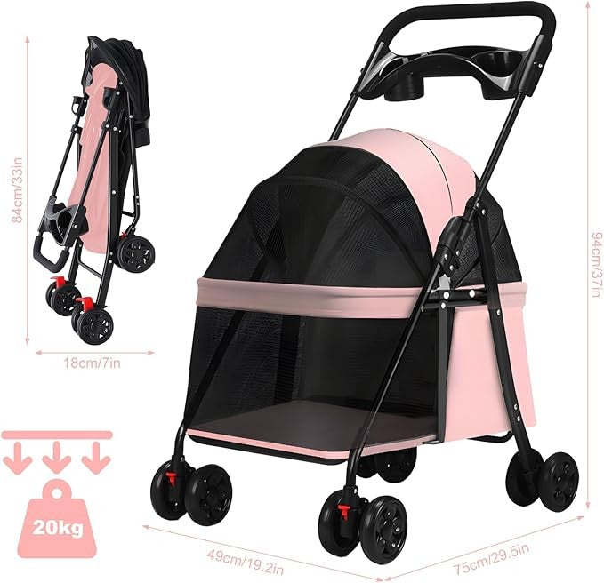 4 Wheel Dog Stroller Folding Pet Pram with Cup Holder Travel Buggy Pink