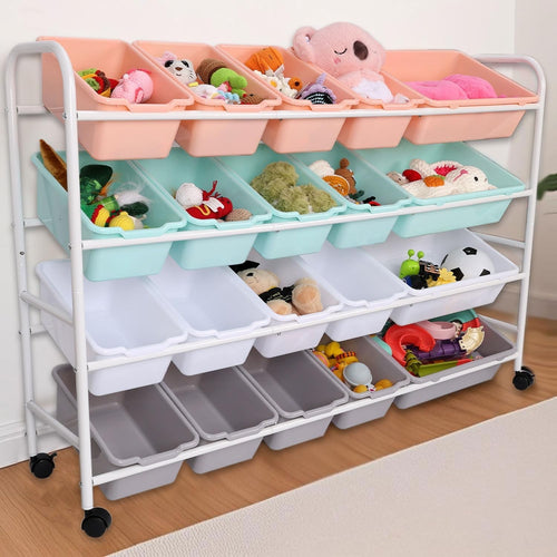 Extra Large Kids Toy Storage Organizer 4 Tier Rack with 20 Bins & Wheels