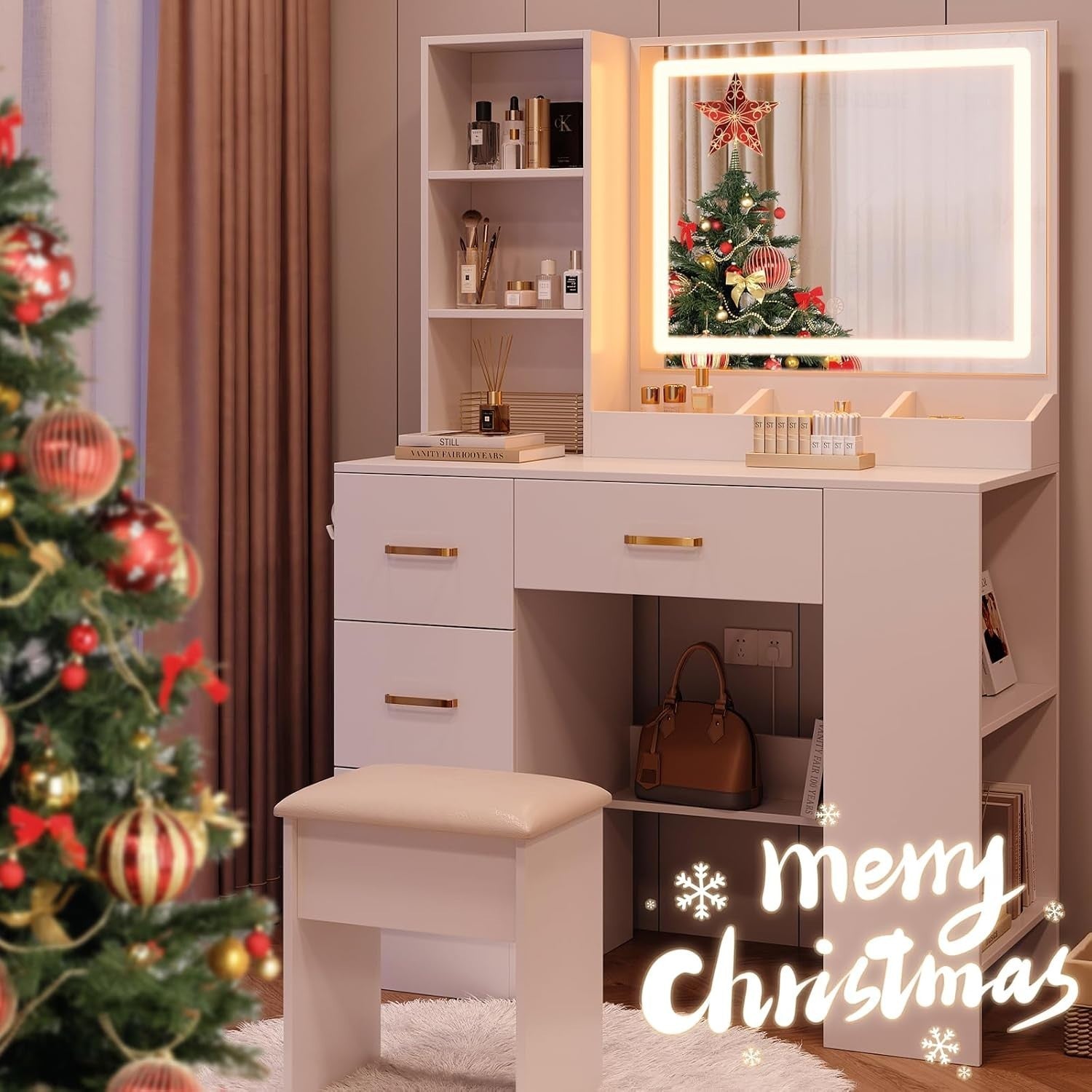 White Vanity Desk w/Lighted Sliding Mirror 4 Drawers Hidden Storage Cabinet