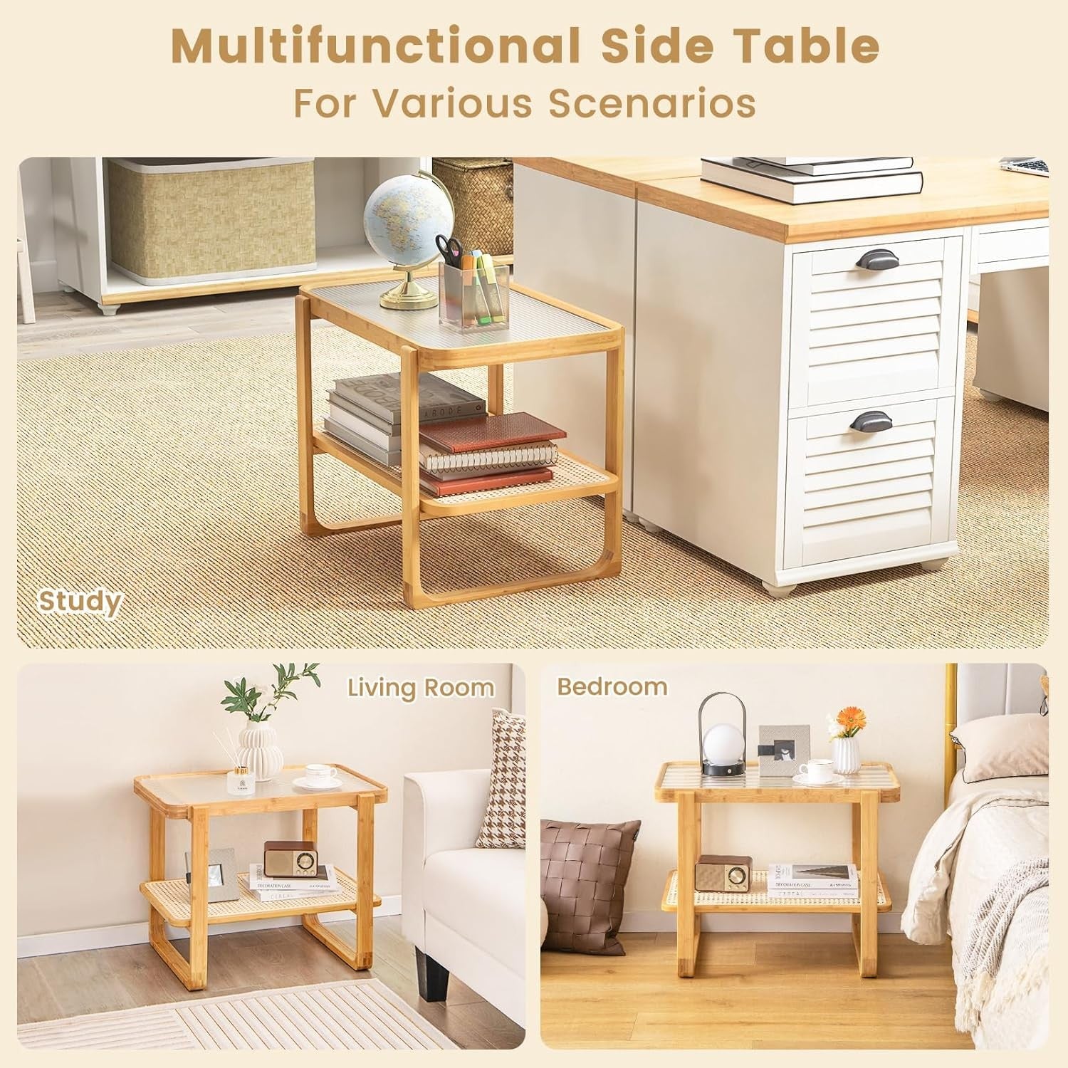 Modern Bamboo Side Table with Tempered Glass Top, 2-Tier Storage Shelf 70x44x55c