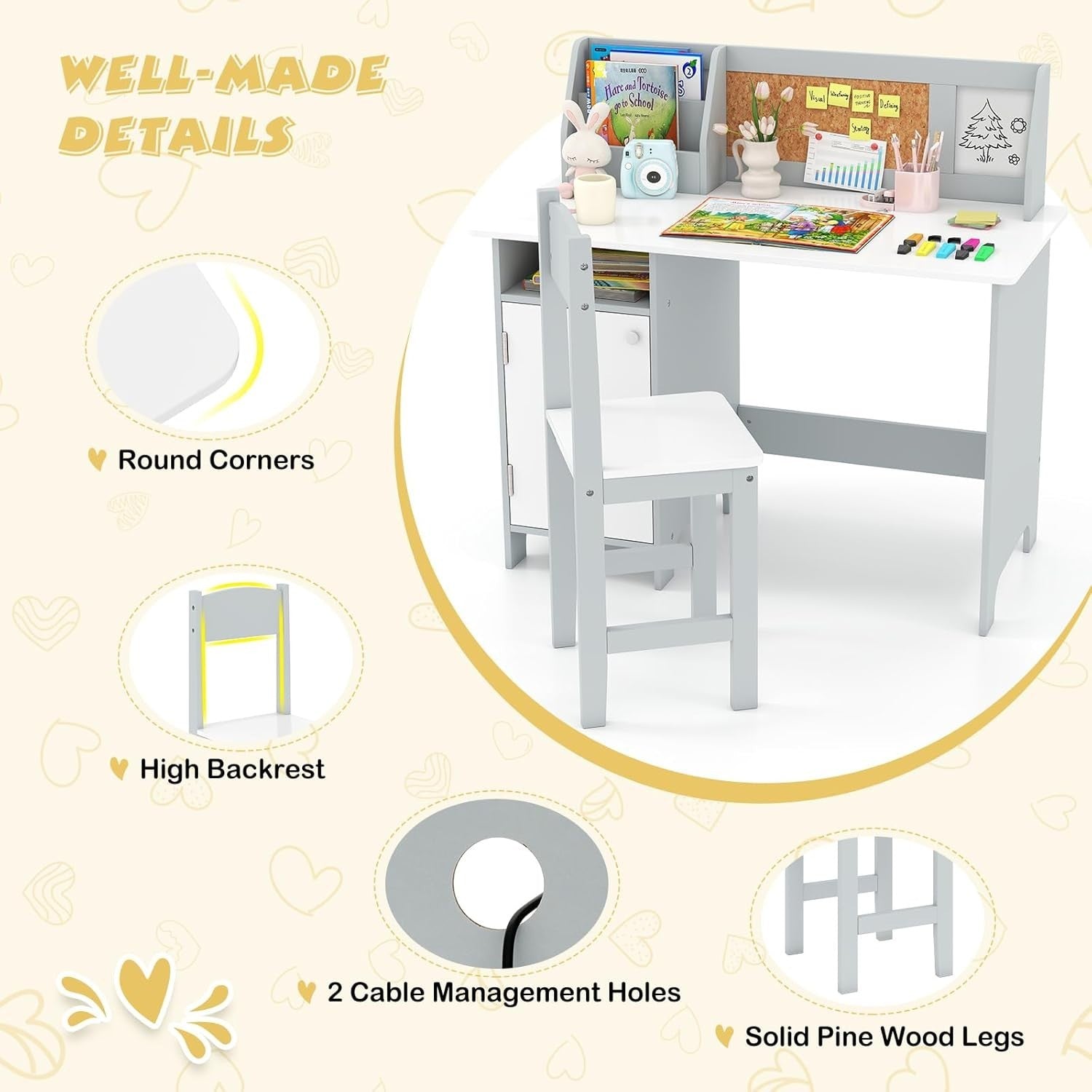 Kids Study Desk & Chair Set with Storage, Cork Board, Ergonomic Comfort