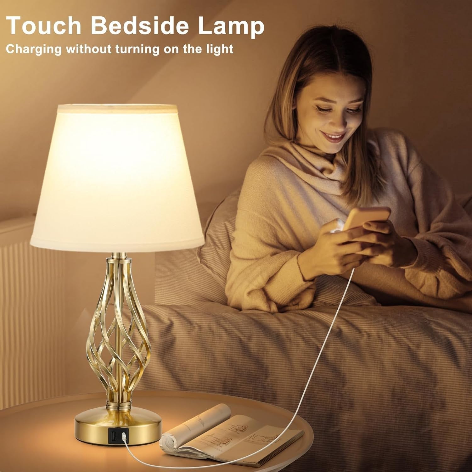 Gold Bedside Lamps Set of 2 USB Charging 3-Way Touch White Shade 47cm