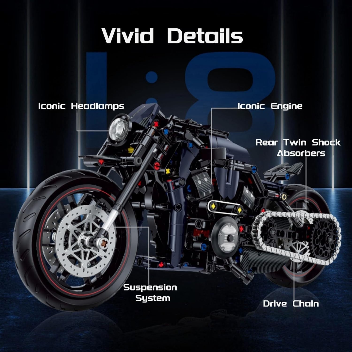 Realistic 623pcs Motorcycle Model Kit with Suspension & Moving Parts