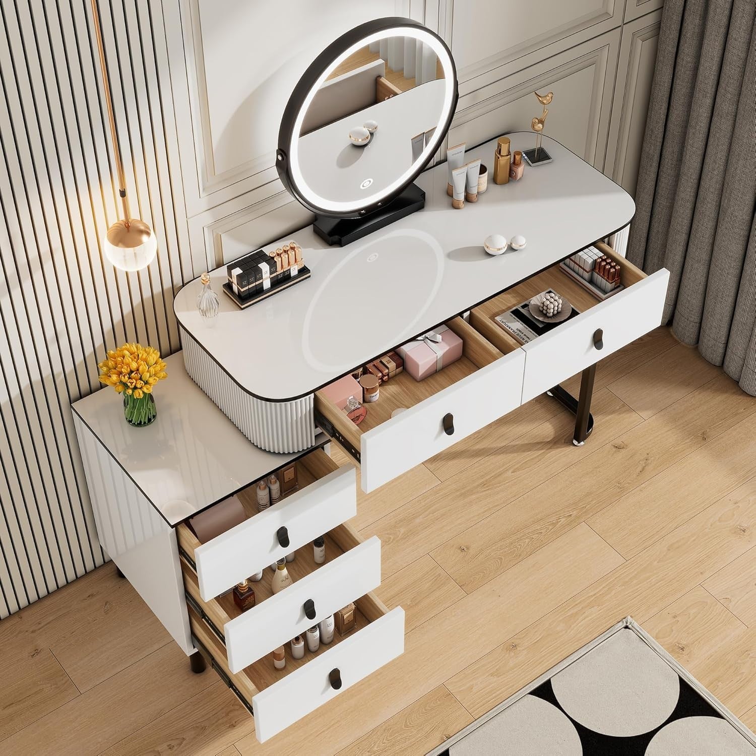 Large Vanity Dressing Table w/ 3-Color LED Mirror & 5 Drawers Storage Cabinet