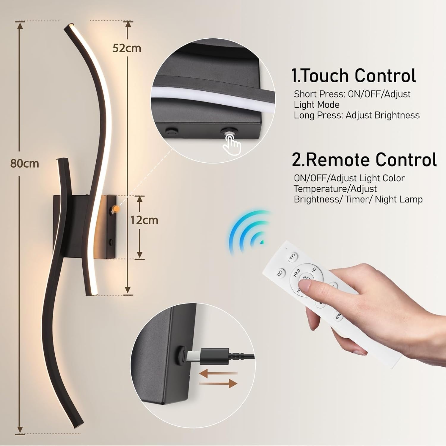 Battery Operated LED Wall Sconces with Remote, USB Rechargeable, 80cm