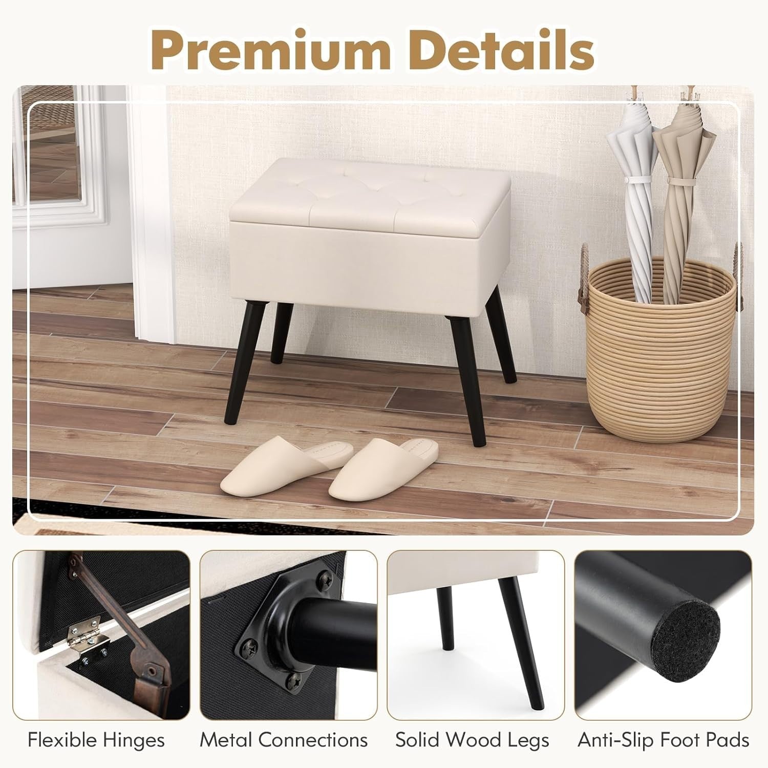 Beige Velvet Flip-Top Footstool Storage Ottoman Vanity Seat w/ Solid Wood Legs