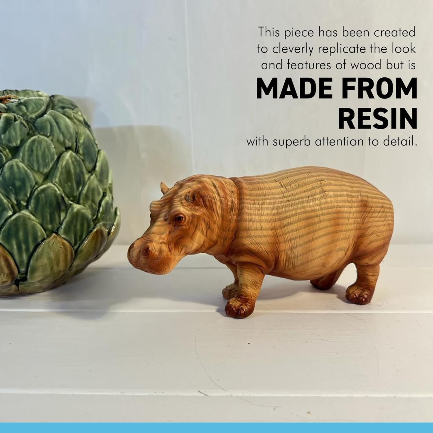 Wood-Effect Hippo Ornament | Rustic Resin Wildlife Sculpture | Animal Lover Gift