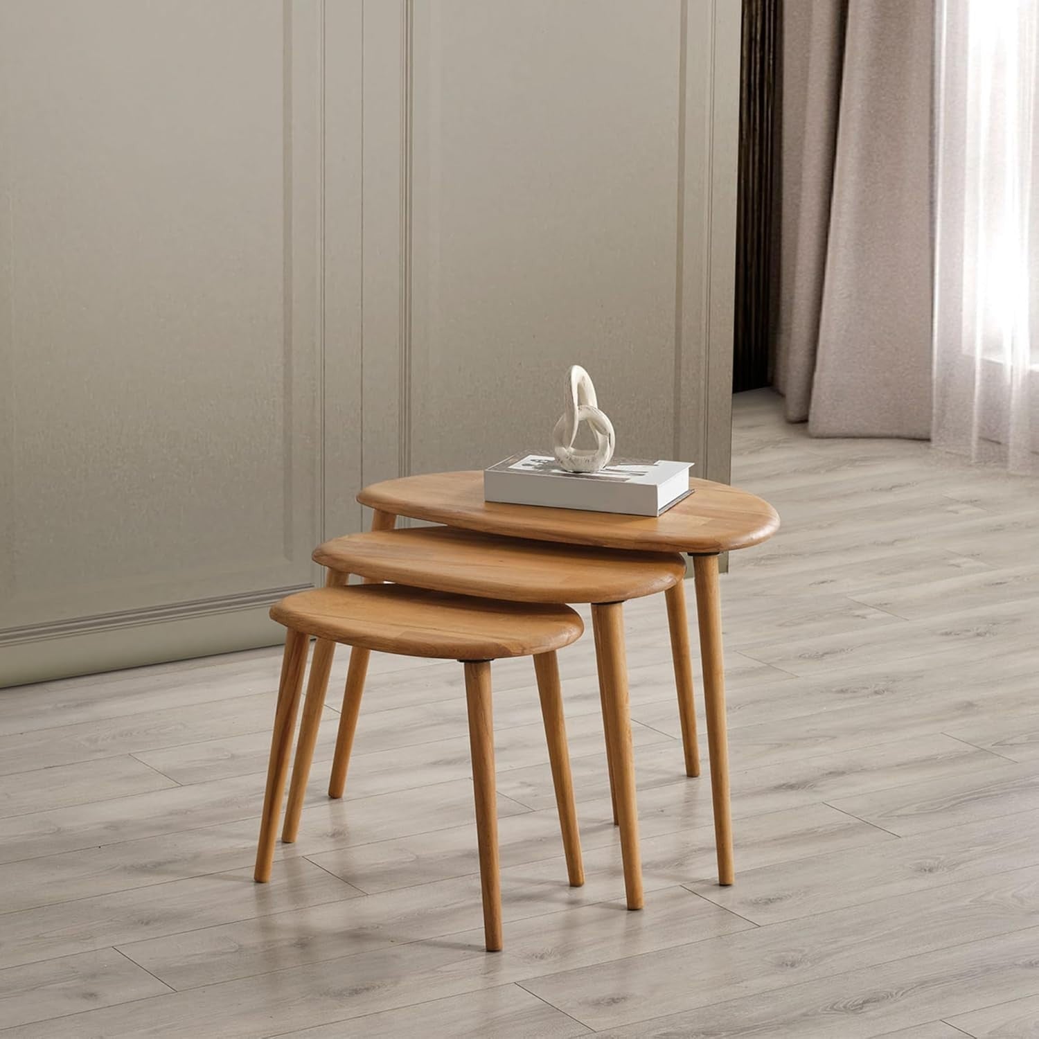 Oak Wood Nesting Coffee Table Set of 3 Mid-Century Modern Oval Living Room