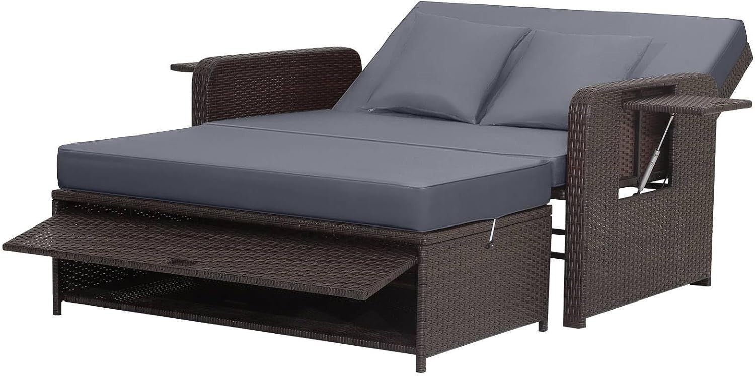 Grey+Brown 2-Seater Rattan Outdoor Daybed with Adjustable Back, Ottoman & Cushio