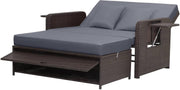 Grey+Brown 2-Seater Rattan Outdoor Daybed with Adjustable Back, Ottoman & Cushio