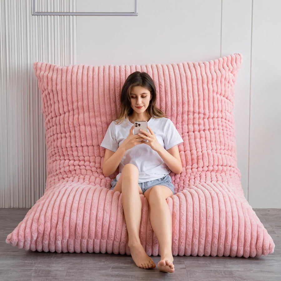 Pink Faux Fur Bean Bag Sofa Bed 150x200cm | Large Floor Chair Adults
