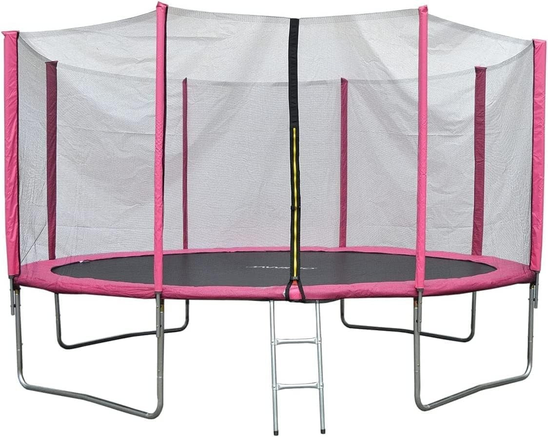 12FT Outdoor Garden Trampoline Safety Net Ladder Padded Poles Pink