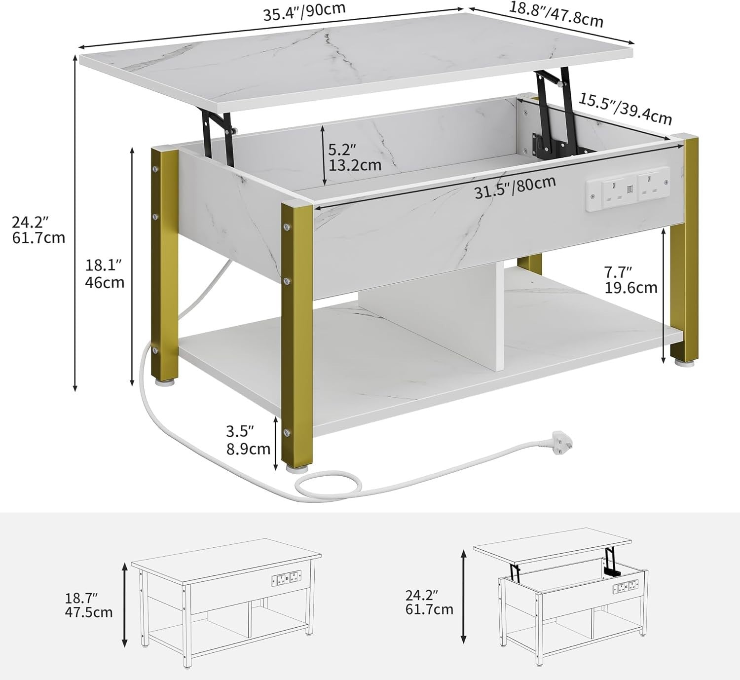 Lift Top Coffee Table with Storage, LED Lights, USB & Outlets – White Marble