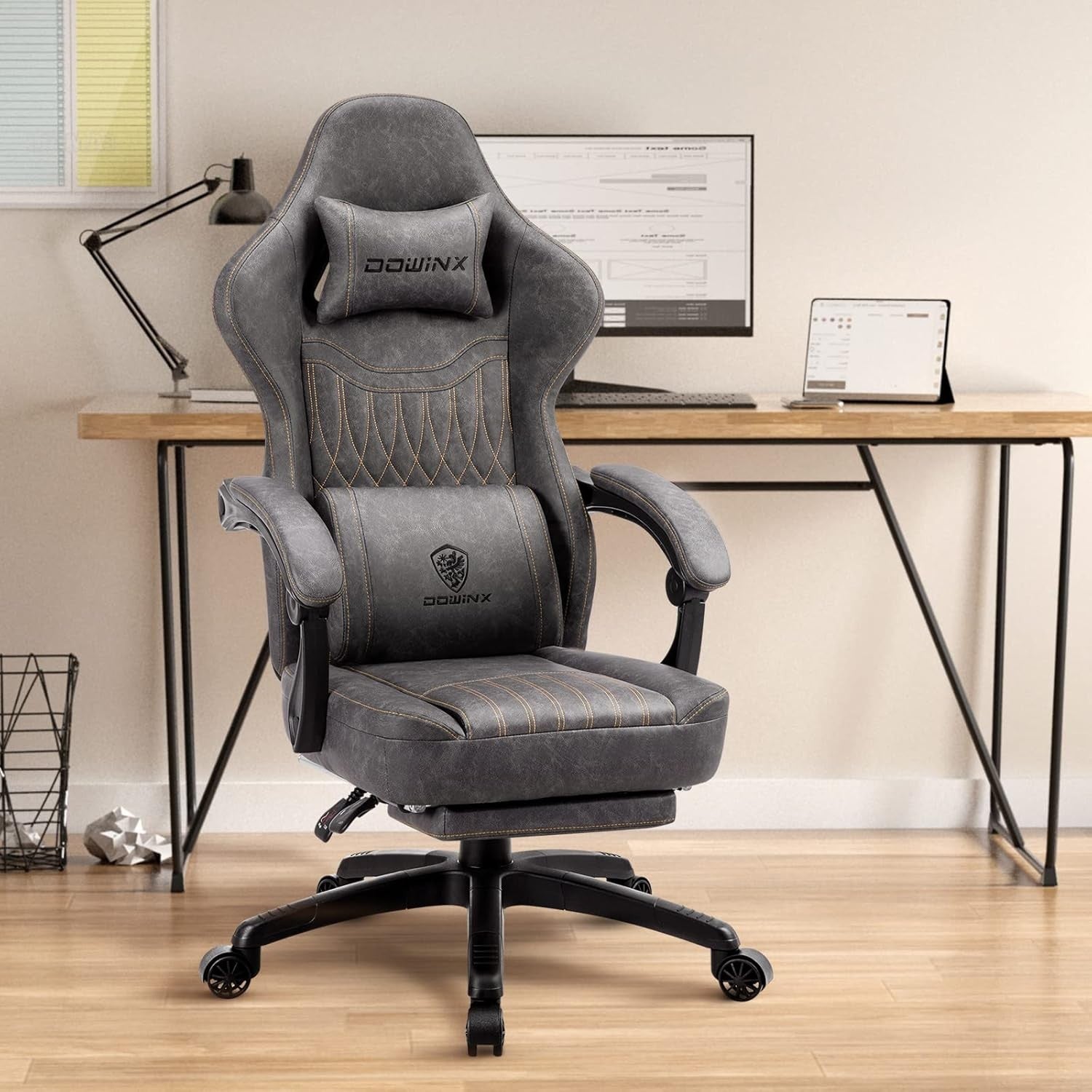 Gaming Chair Recliner with Footrest Massage Lumbar Grey PU Leather